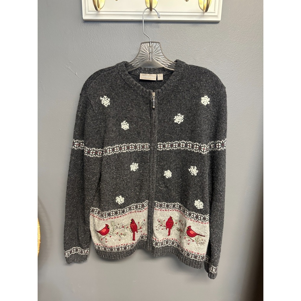 Croft & Barrow Women M Cardigan Zip Sweater‎ Winter Cardinal Bird Gray Holiday